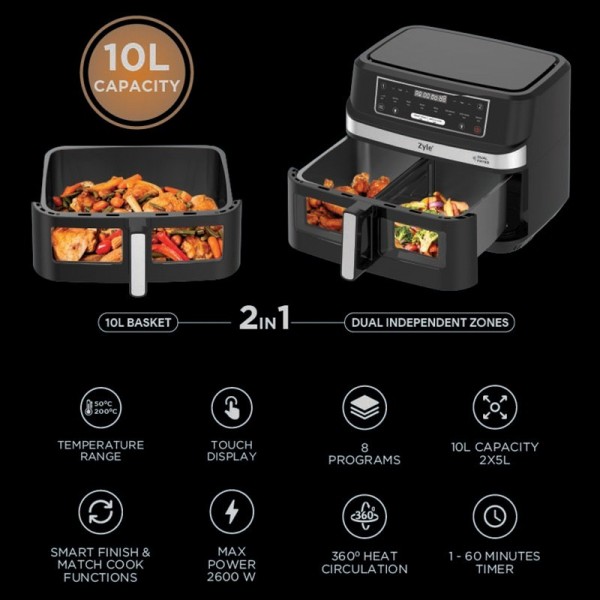 Karšto oro gruzdintuvė Zyle Dual Air Fryer 2 in 1 ZY551AF, 10l